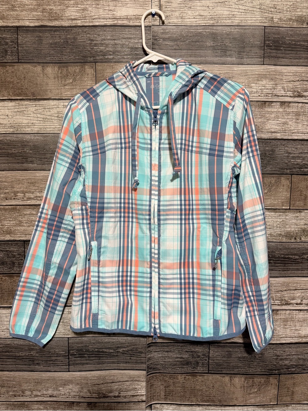Coolibar Women's Plaid Hooded Sun Jacket - Aqua/Coral/Gray - Picture 4 of 10